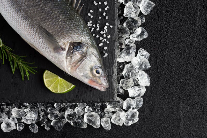 Ny bas- fisk på is på en svart stentabell fotografering för bildbyråer