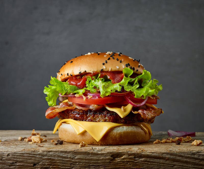 Fresh tasty burger on wooden board. Fresh tasty burger on wooden board