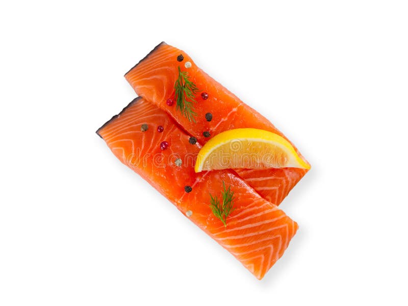 Ny r? laxfisk med kryddor som isoleras p? vit bakgrund med skugga arkivfoton Ny r? laxfisk med kryddor som isoleras p? vit bakgrund med skugga arkivfoton