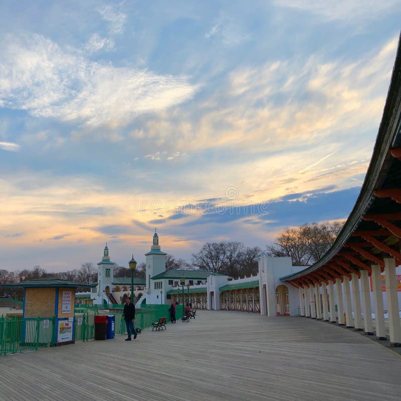 Rye, New York - March 14, 2019: People enjoying sunset at Rye Playland in Rye, New York royalty free stock photography
