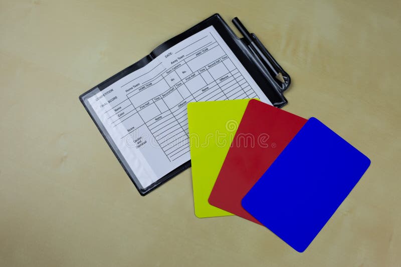 New set of soccer referee cards with blue card to change the rules in football, notepad for substituting players on the field. New set of soccer referee cards with blue card to change the rules in football, notepad for substituting players on the field