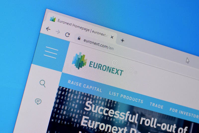 Homepage of euronext website on the display of PC, url - euronext.com