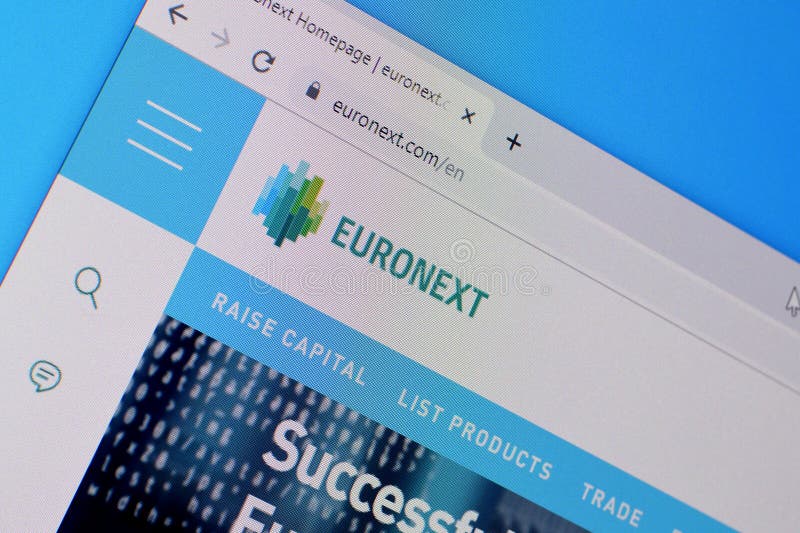 Homepage of euronext website on the display of PC, url - euronext.com