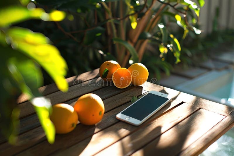 Nya citrusvib möter teknik i en sjudande scen med mogna apelsiner och en smartphone. Färskt citrusvibe möter en sjudande scen med mogna apelsiner och en smartfon på ett rustiskt träbord som ställs mot lush green foliage. perfekt för livsstilen och välfärdsteman. genererad ai
