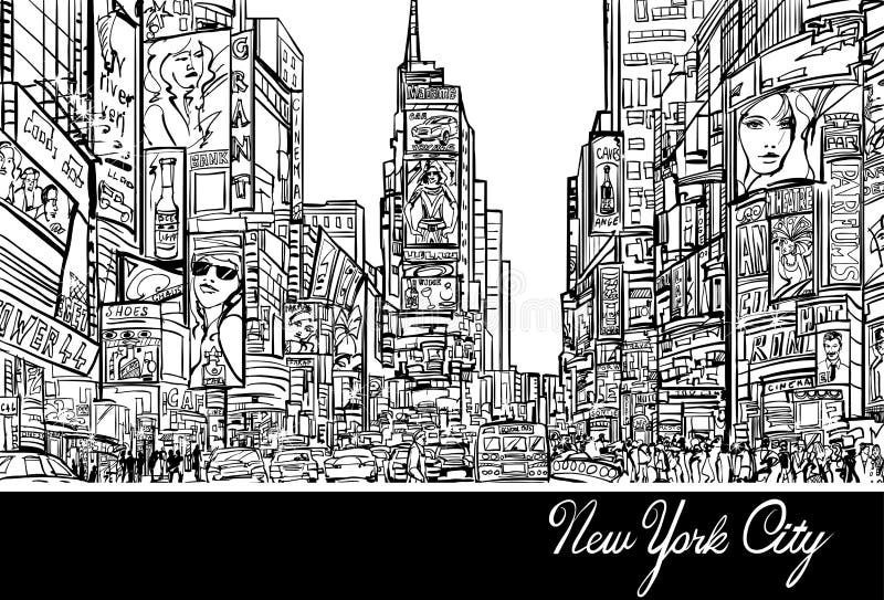 Interpretation of Times Square in New York in black and white- Vector illustration. Interpretation of Times Square in New York in black and white- Vector illustration