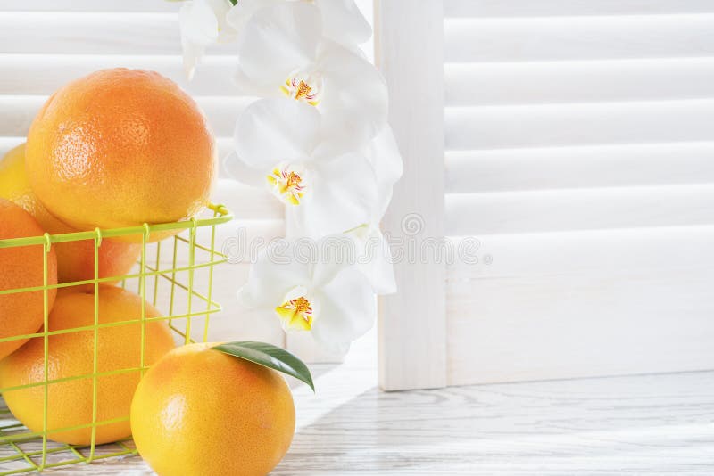 Nya grapefrukter och vit orkidé på den vita trätabellen mitt emot rullgardinerna Med kopiera utrymme royaltyfria foton Nya grapefrukter och vit orkidé på den vita trätabellen mitt emot rullgardinerna Med kopiera utrymme royaltyfria foton
