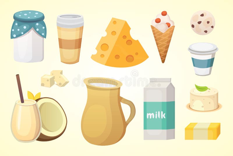 Nya organiska mjölkar produktuppsättningen med ost, smör, kaffe, gräddfil och glass stock illustrationer Nya organiska mjölkar produktuppsättningen med ost, smör, kaffe, gräddfil och glass stock illustrationer