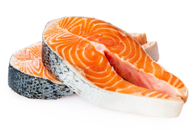 Nya rå Salmon Red Fish Steak som isoleras på en vit bakgrund royaltyfri fotografi