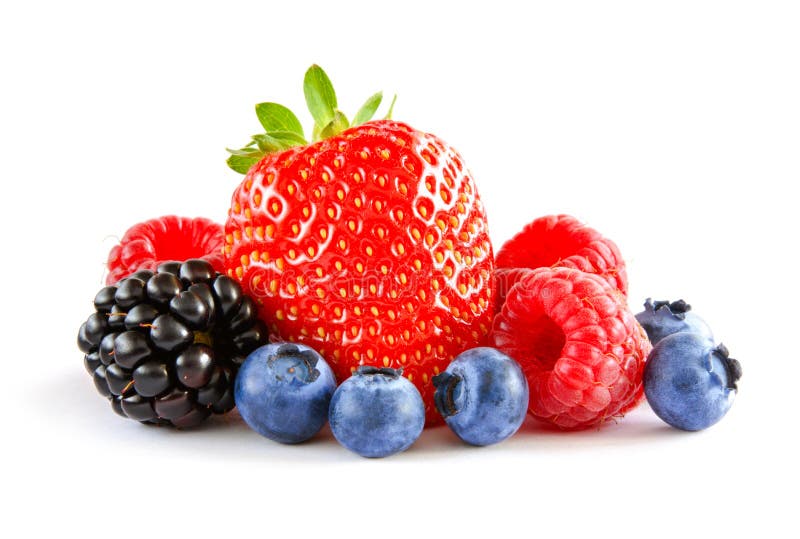 Nya söta bär på den vita bakgrunden Mogen saftig jordgubbe, hallon, blåbär, Blackberry