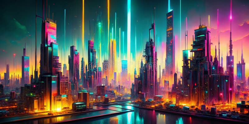 Nybörjarhöguppstående digital målning vivid färger futuristisk metropolis stock illustrationer