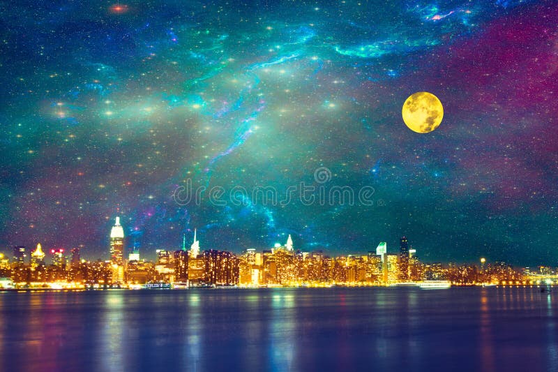 New York City skyline under fantasy starry night sky. New York City skyline under fantasy starry night sky
