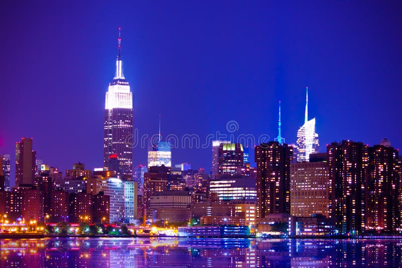 Manhattan Skyline at Night, New York City Stock Photo Image of