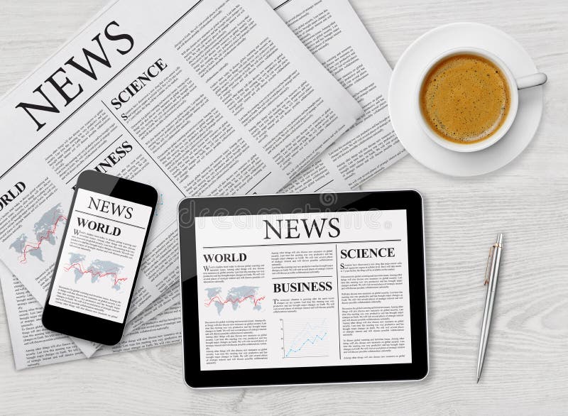 Nyheternasida på minnestavlan, mobiltelefonen och tidningen