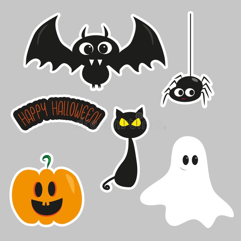 Halloween sticker set, cute bat, spider, ghost, and pumpkin, illustration graphics vector.