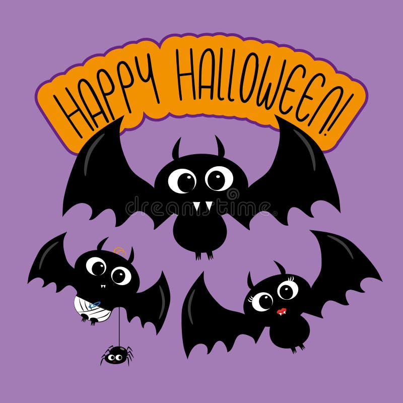 Happy Halloween text with cute bat family on purple backgound.