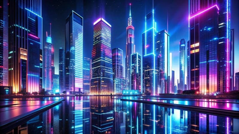 Nyreflektioner i ett cybernetiskt cityscape ai som genererats vektor illustrationer