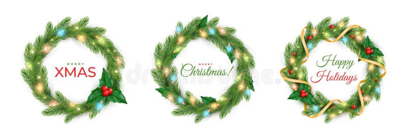 Nytt års garland 3d lätt gåva är berikad med xmas krans för prydnadspartisbanderoll med gott nellkort. realistisk royaltyfri illustrationer