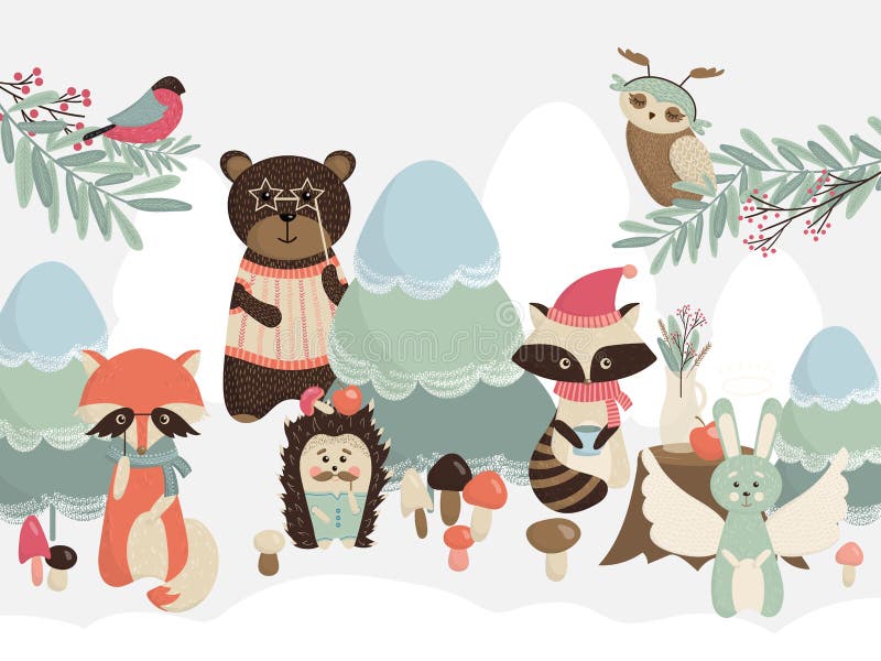 Nytt årskort med vinterskogsdjur stock illustrationer