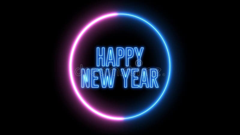 Nyårshälsning med neonljus Färgstark, ledad ljustext av `Happy New Year vektor illustrationer