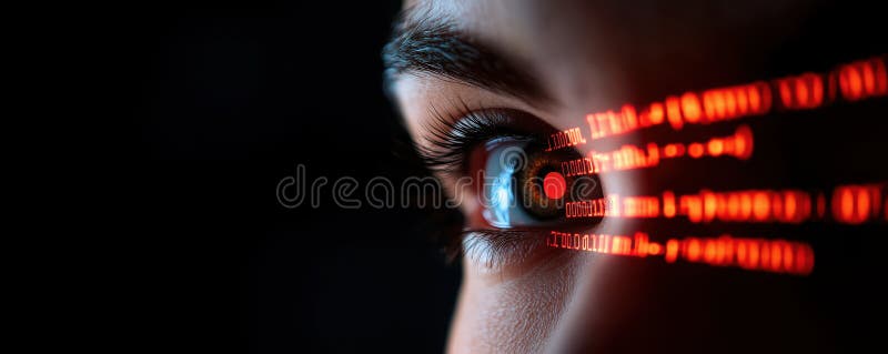 Nähe des menschlichen Auges mit leuchtendem Binärkode als Symbol der Technologie vektor abbildung