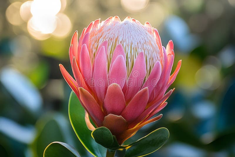 Nähe einer blühenden rosa-weißen Protea Blüte mit ihren faszinierenden Details und ihrer natürlichen Schönheit stockfoto