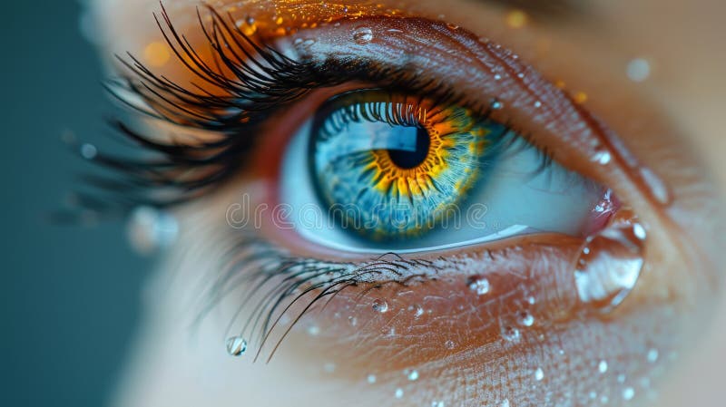 Close-up of a human eye with vibrant colors and water droplets. AI generated. Close-up of a human eye with vibrant colors and water droplets. AI generated