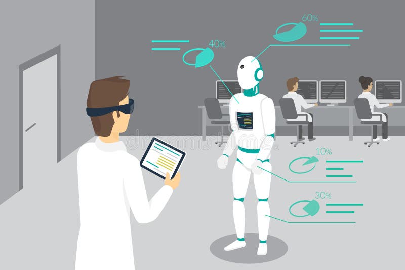 När du programmerar teknikern ställer in en robot genom att använda denmonterade apparaten för ökat och virtuell verklighet royaltyfri illustrationer