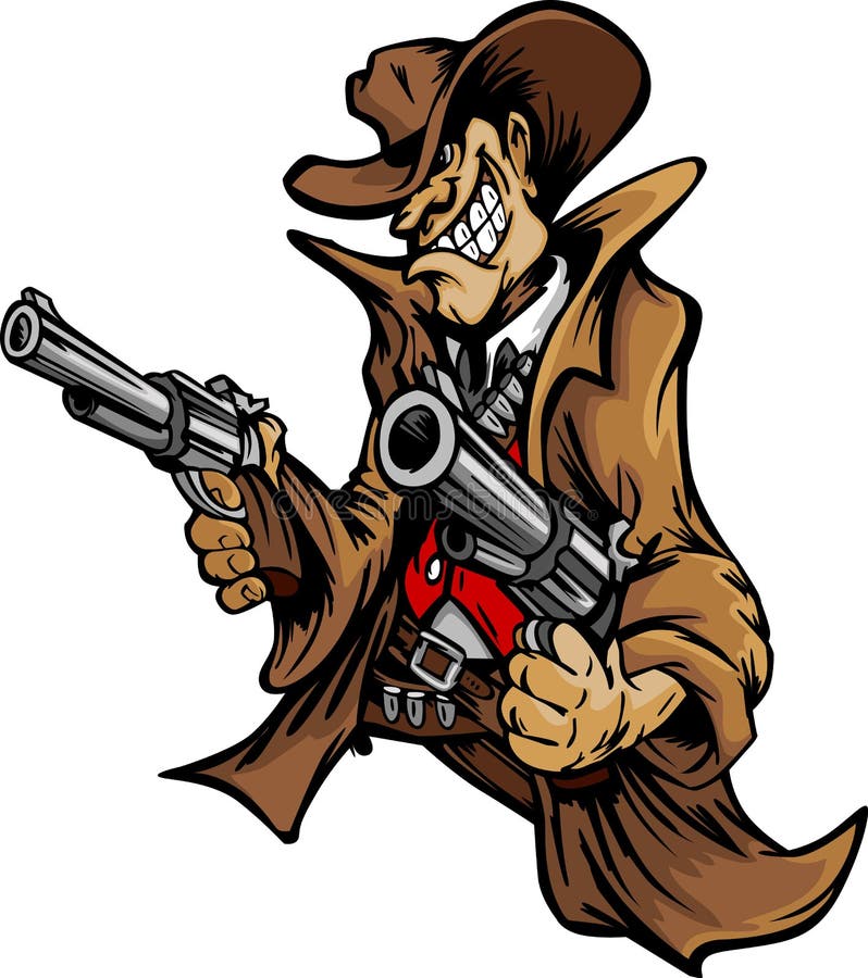 När du siktar tecknad filmcowboyen guns maskoten vektor illustrationer
