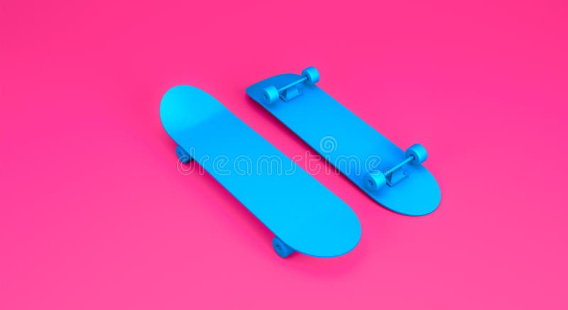 Nära den övre och nedre sidan av blå skateboardor på golvet stock illustrationer