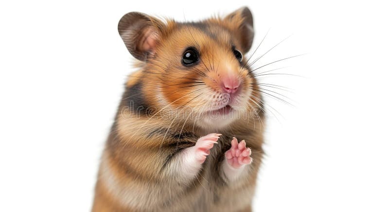 Nära en gyllene hamster som står med sina tassar på vit bakgrund arkivbild