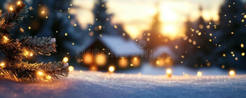 Nära en snövinter-scen med ett pinträd i förgrunden och en hytt i bakgrunden royaltyfri illustrationer