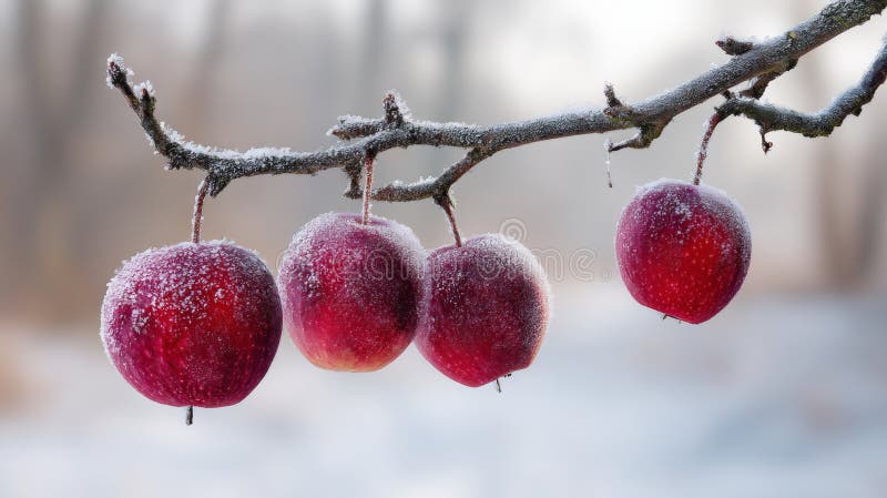 Närbild av frostade röda äpplen på en trädgren med ett lugnt snölandskap i bakgrunden vektor illustrationer