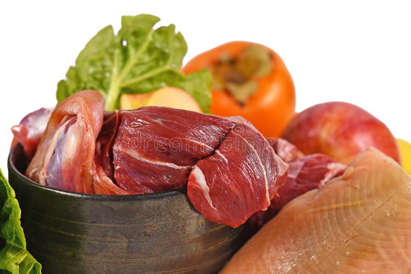 Close up of dog bowl with mixture of biologically appropriate raw food containing meat chunks, fish, fruits and vegetables isolated on white background. Close up of dog bowl with mixture of biologically appropriate raw food containing meat chunks, fish, fruits and vegetables isolated on white background