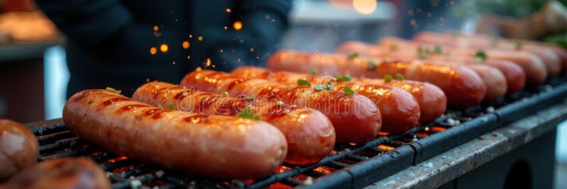 Nära korv på en grillkorv på en grillad julmarknad och detaljerar vintermatfotografi på land stock illustrationer