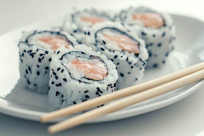 Nära laxrullar med chopsticks på en vit platta en utsökt kulinär behandling vektor illustrationer
