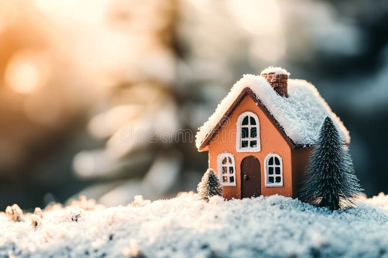 Nära lilla hus över vintersnöbakgrund med kopieringsutrymme vektor illustrationer