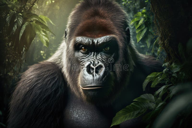 Nära portrait vuxen gorilla generative ai royaltyfri illustrationer