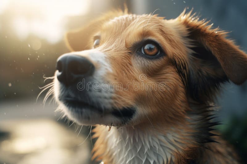 Nära porträttsöt, intelligent våt hund med smarta, bruna plaintiva ögon som tänker upp och lyssnar efter regn royaltyfri illustrationer