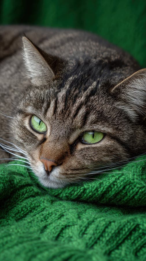 Nära på serentabb med intensiva gröna ögon som vilar på grön filt. Stående av lugn felin-cozy och royaltyfri bild
