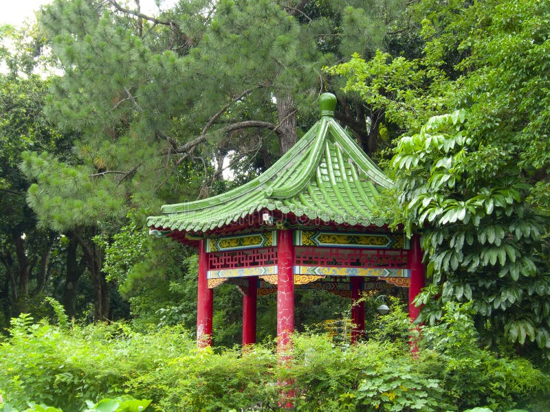 Närbild av den kinesiska stilspavilion omgiven av gröna träd