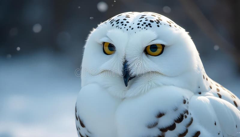 Närbild av en snöuggla med ljusgula ögon mot en snöbakgrund royaltyfri illustrationer