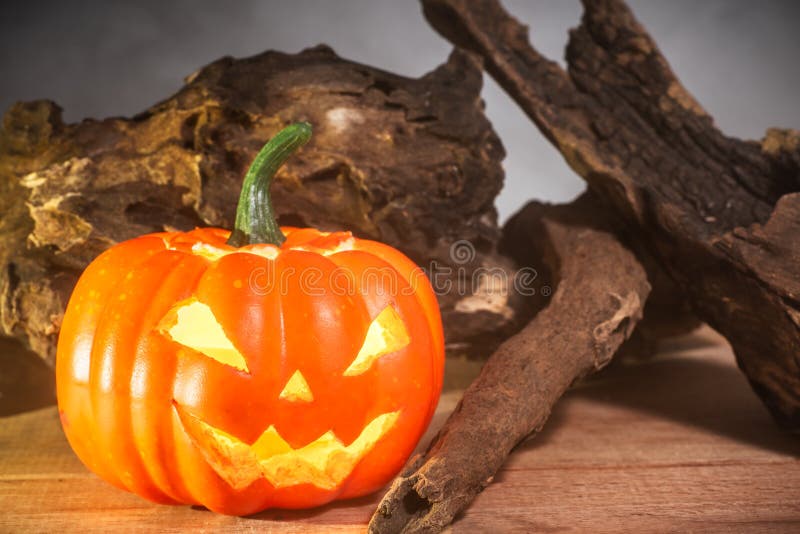Närbild av halloween pumpa på tabellen, rökbakgrund royaltyfri fotografi Närbild av halloween pumpa på tabellen, rökbakgrund royaltyfri fotografi