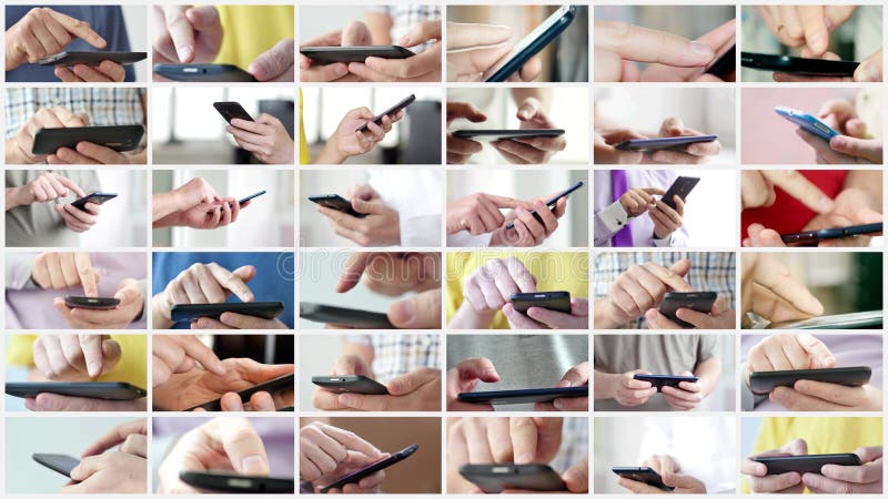 Närbild av händer som rymmer smartphonen collage royaltyfri foto Närbild av händer som rymmer smartphonen collage royaltyfri foto