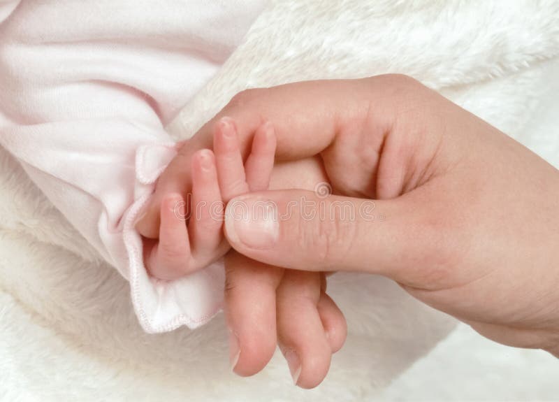 Närbilden av moderhanden rymmer hennes lilla hand för babys arkivfoto Närbilden av moderhanden rymmer hennes lilla hand för babys arkivfoto