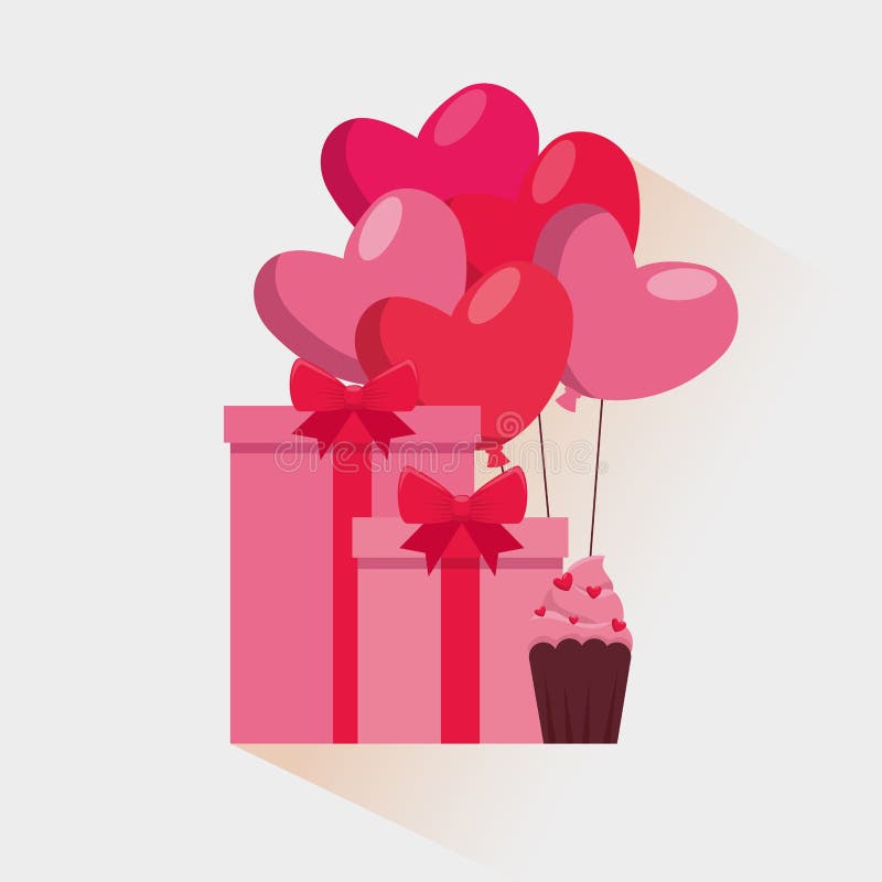 Närvarande gåva för valentin med den hjärtaballonger och muffin vektor illustrationer Närvarande gåva för valentin med den hjärtaballonger och muffin vektor illustrationer