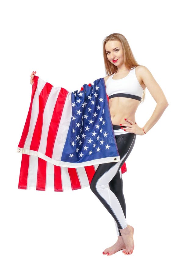 Nätt blond flicka med USA flaggan royaltyfri fotografi