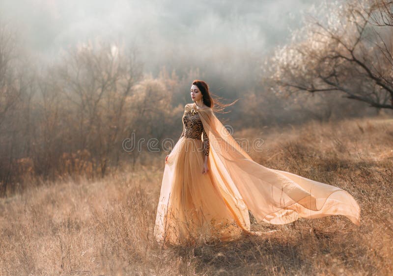 Pretty brunette girl walks in the forest . She is dressed in luxurious, golden dress. The wind playing with her hair and fabrics. The beautiful weather of autumn fog and sun. Pretty brunette girl walks in the forest . She is dressed in luxurious, golden dress. The wind playing with her hair and fabrics. The beautiful weather of autumn fog and sun.