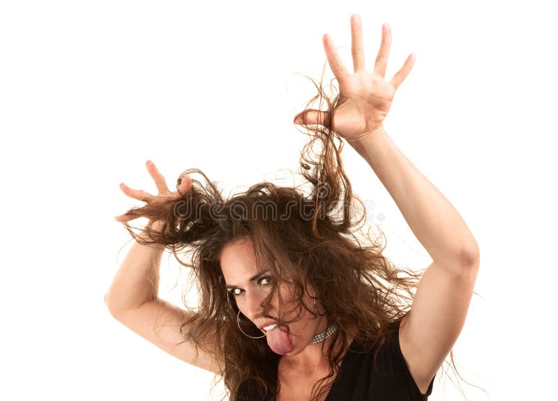 Pretty woman with wild brunette hair on white background. Pretty woman with wild brunette hair on white background