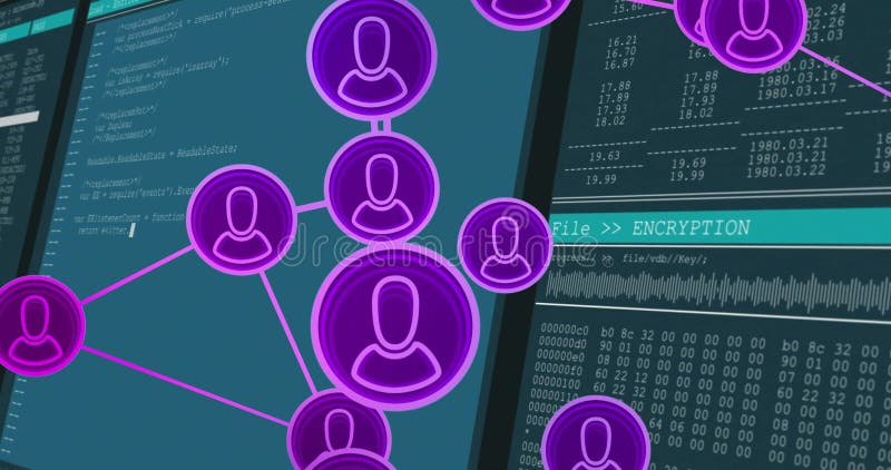 Nätverk av användarikoner och krypteringsprocessanimering över datorkod vektor illustrationer