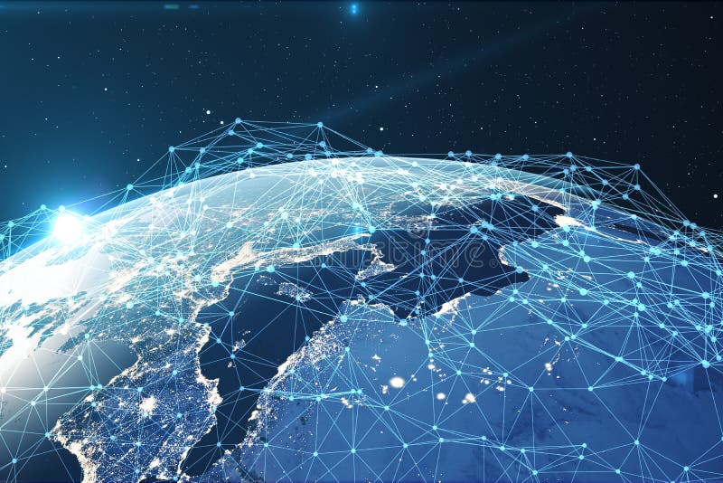 Nätverk för tolkning 3D och datautbyte över planetjord i utrymme Anslutning fodrar runt om jordjordklotet globalt vektor illustrationer